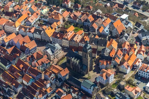 Aerial view, town centre of Wildungen with Protestant church on the town hill, in Bad Wildungen in