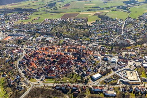 Aerial view, town centre of Wildungen with Protestant church on the town hill, in Bad Wildungen in
