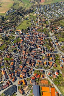 Aerial view, district Mengerinhausen in Bad Arolsen, with St-Georg-Kirche is a gothic hall church