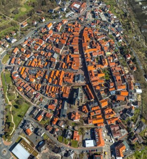 Aerial view, town centre of Wildungen with Protestant church on the town hill, in Bad Wildungen in