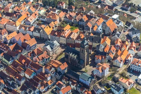Aerial view, town centre of Wildungen with Protestant church on the town hill, in Bad Wildungen in