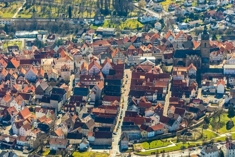Aerial view, town centre of Wildungen with Protestant church on the town hill, in Bad Wildungen in