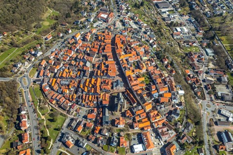Aerial view, town centre of Wildungen with Protestant church on the town hill, in Bad Wildungen in