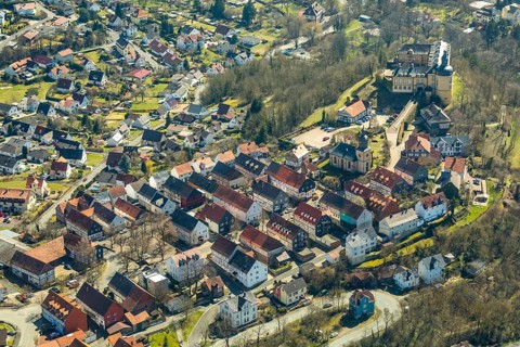 Aerial view, Altwildungen with Friedrichstein Castle in Bad Wildungen in Hesse. Bad Wildungen, spa