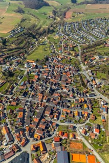 Aerial view, district Mengerinhausen in Bad Arolsen, with St-Georg-Kirche is a gothic hall church