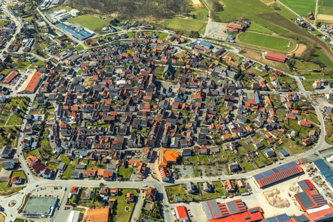 Aerial view, old town of Volkmarsen and Catholic parish of St Marien, St Marien church, Volkmarsen