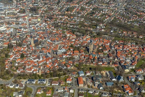 Aerial view, view from south to the historical city centre of Korbach with Kiliankirche in Korbach.