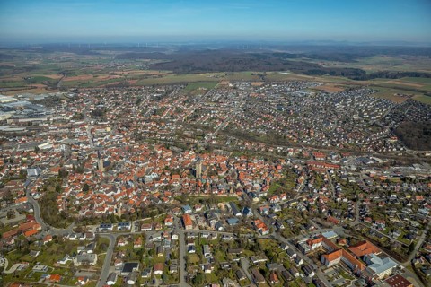 Aerial view, view from south to the historical city centre of Korbach with Kiliankirche in Korbach.