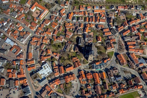 Aerial view, Kilianskirche and Museum Korbach, historic old town in Korbach. district town Korbach,