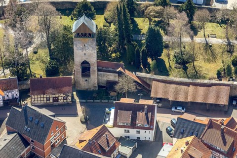 Aerial view, Tylenturm in Korbach. District town Korbach, district Waldeck-Frankenberg in Hesse,