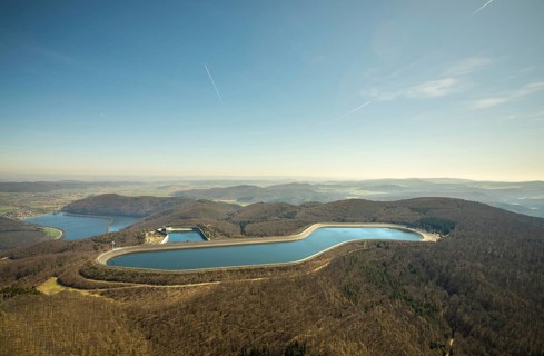 Aerial view, Edertal reservoir, hydro battery, energy storage, Affoldern in Edertal,