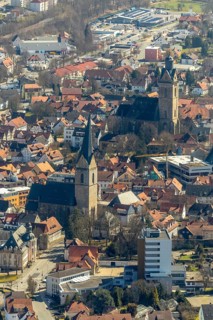 Aerial view, Sparkasse Korbach, Nikolaikirche and Kilianskirche in Korbach. district town Korbach,