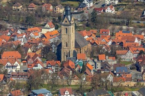 Aerial view, parish church St Kilian in Korbach.Kilianskirche, district town Korbach, district