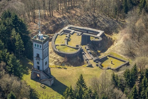 Aerial view, Burg Eisenberg is the ruin of a hilltop castle near Goldhausen in Korbach,