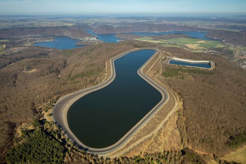 Aerial view, Edertal reservoir, hydro battery, energy storage, Affoldern in Edertal,