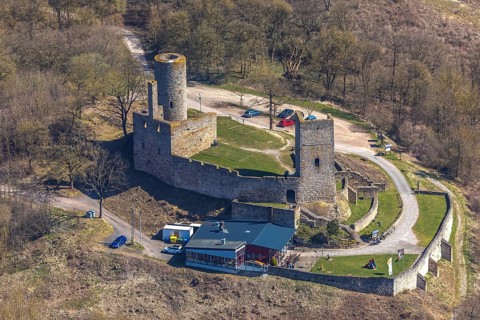 Aerial view, Kugelsburg, Cafe & Restaurant Zur Kugelsburg, in Volkmarsen, Landkreis