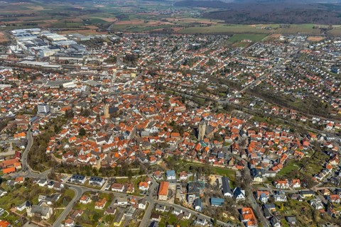 Aerial view, view of the hostoric city centre with St Kilianskirche and St Nikolai church in