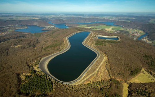 Aerial view, Edertal reservoir, hydro battery, energy storage, Affoldern in Edertal,