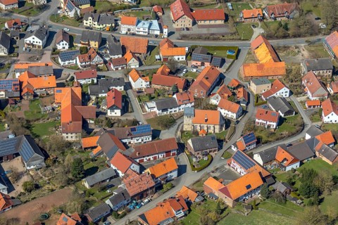 Aerial view, Meineringhausen in Korbach, parish Korbach-Meinering hausen, church Meineringhausen.