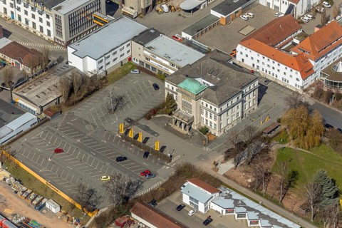 Aerial view, railway station forecourt, Am central railway station in Korbach. District town