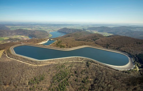 Aerial view, Edertal reservoir, hydro battery, energy storage, Affoldern in Edertal,