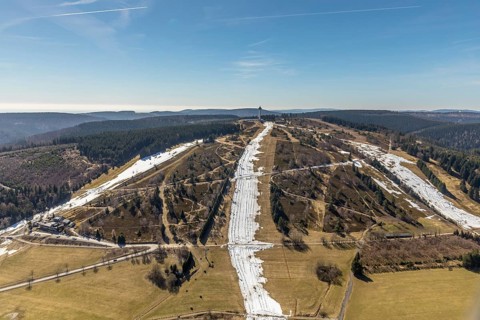 Aerial view, Ettelsberg with snow remains on the slopes in Willingen in Hesse. Willingen (Upland),