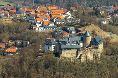 Aerial view, Waldeck with the castle-like castle Waldeck in Waldeck in Hesse. Waldeck, Waldeck