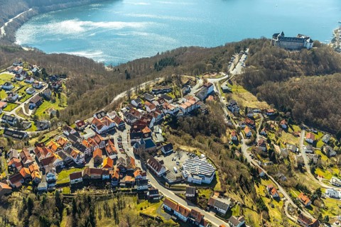 Aerial view, Waldeck with the castle-like castle complex Schloss Waldeck in Waldeck with the