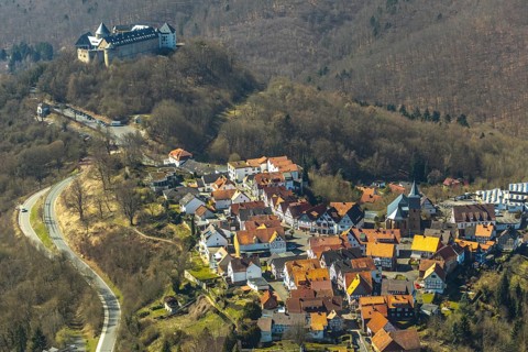 Aerial view, Waldeck with the castle-like castle Waldeck in Waldeck in Hesse. Waldeck, Waldeck