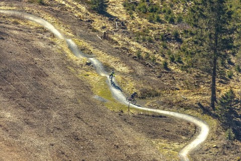 Aerial view, downhill biking, BMX downhill, biking, from Ettelsberg, in Willingen in Hesse.