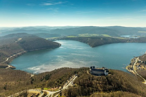 Aerial view, Waldeck with the castle-like castle complex Schloss Waldeck in Waldeck with the