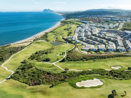 The La Hacienda Links Golf Resort at the Mediterranean Sea with the Rock of Gibraltar (British) in