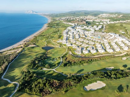 The La Hacienda Links Golf Resort at the Mediterranean Sea with the Rock of Gibraltar (British) in