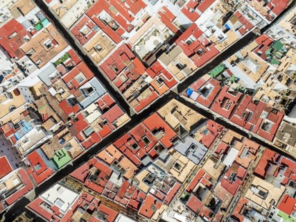 Streets and rooftops in the town of Cádiz. Aerial view. Drone shot. Cádiz province, Andalusia,