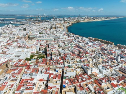 The town of Cádiz with the old quarter in the foreground. Aerial view. Drone shot. Cádiz province,