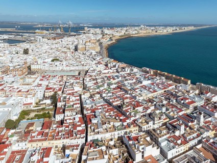 The town of Cádiz with the old quarter in the foreground. Aerial view. Drone shot. Cádiz province,
