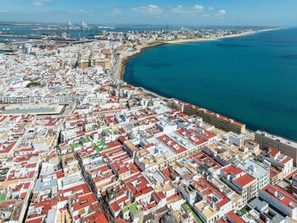 The town of Cádiz with the old quarter in the foreground. Aerial view. Drone shot. Cádiz province,