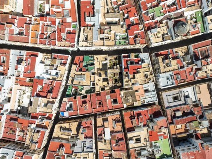 Streets and rooftops in the town of Cádiz. Aerial view. Drone shot. Cádiz province, Andalusia,