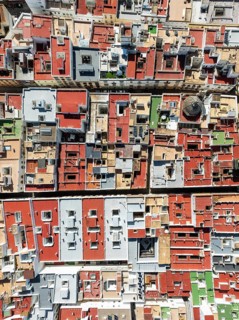 Streets and rooftops in the town of Cádiz. Aerial view. Drone shot. Cádiz province, Andalusia,