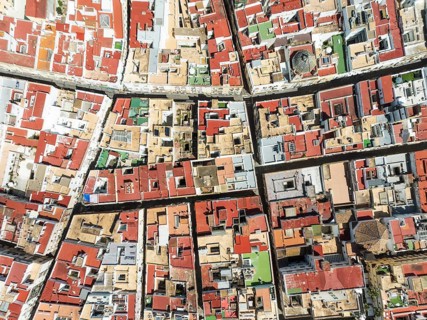 Streets and rooftops in the town of Cádiz. Aerial view. Drone shot. Cádiz province, Andalusia,