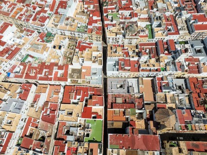 Streets and rooftops in the town of Cádiz. Aerial view. Drone shot. Cádiz province, Andalusia,