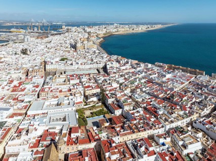The town of Cádiz with the old quarter in the foreground. Aerial view. Drone shot. Cádiz province,