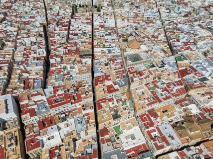 Streets and rooftops in the town of Cádiz. Aerial view. Drone shot. Cádiz province, Andalusia,