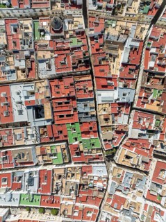 Streets and rooftops in the town of Cádiz. Aerial view. Drone shot. Cádiz province, Andalusia,