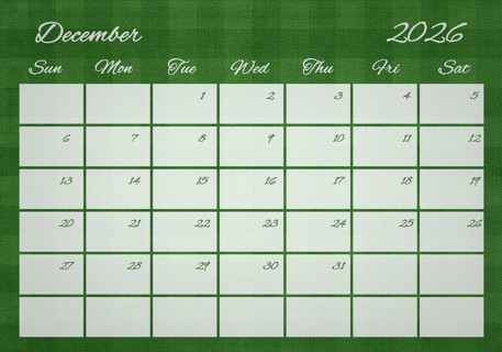 Printable Wall Calendar, December 2026 on Football Field
