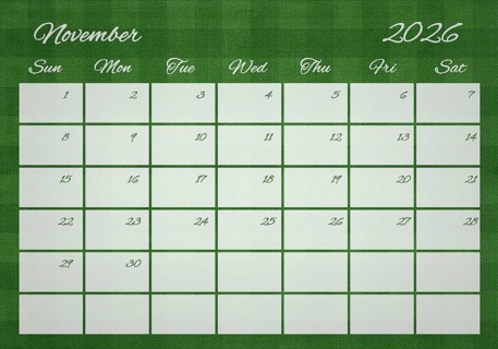Printable Wall Calendar, November 2026 on Football Field