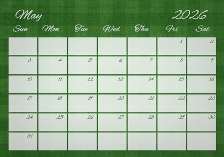 Printable Wall Calendar, May 2026 on Football Field