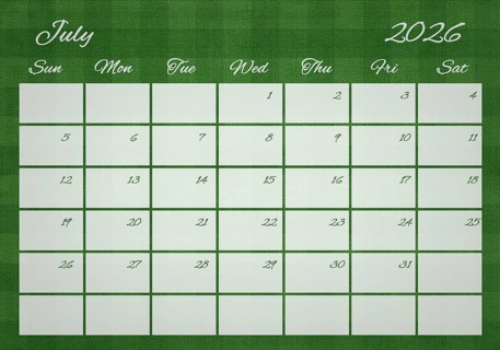 Printable Wall Calendar, July 2026 on Football Field