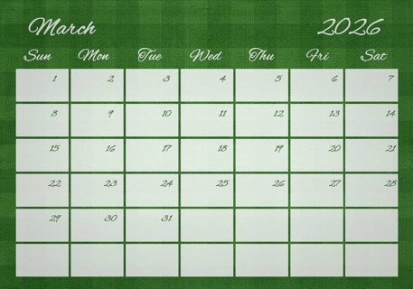 Printable Wall Calendar, March 2026 on Football Field