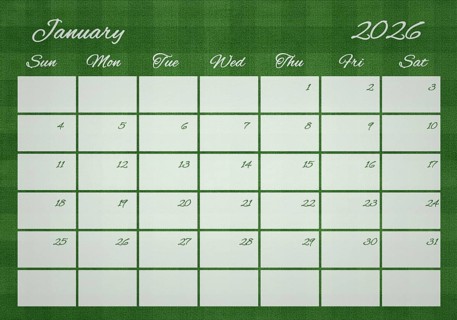 Printable Wall Calendar, January 2026 on Football Field